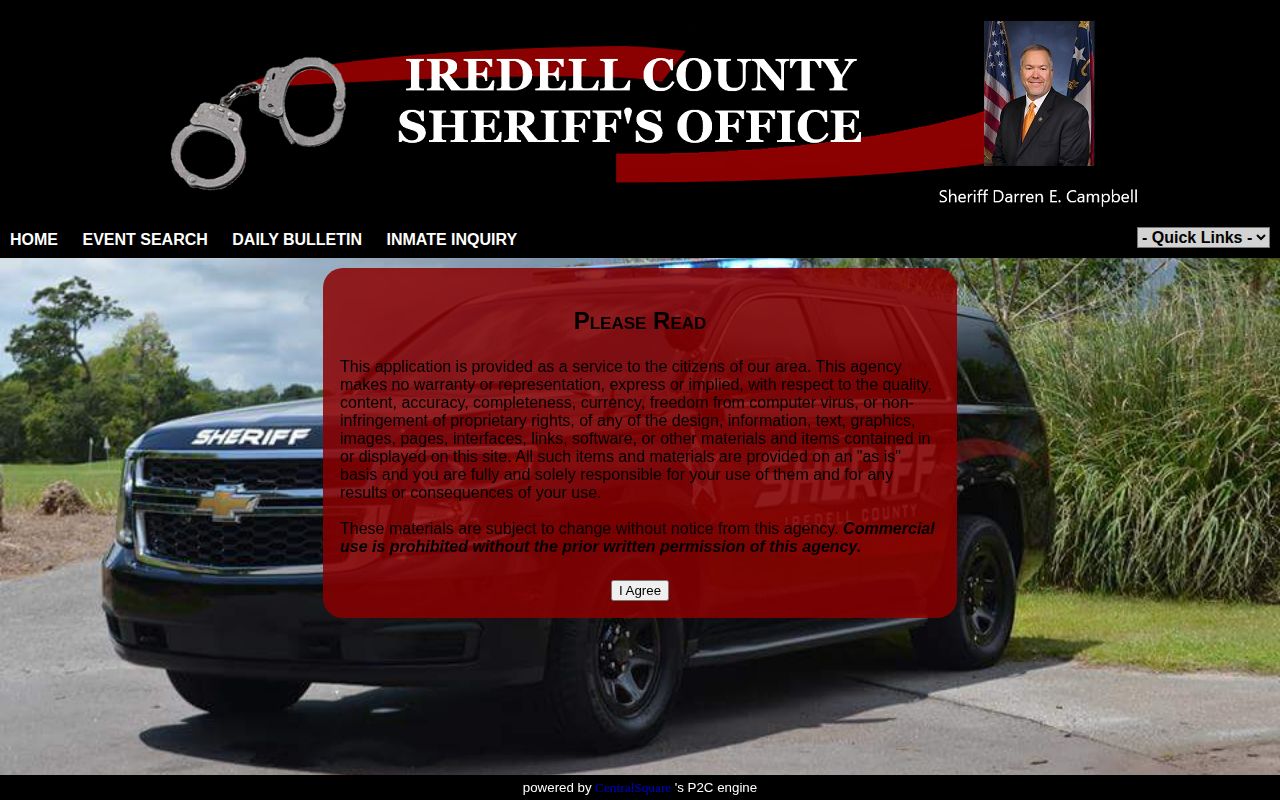 Iredell County P2C Event Search disclaimer and date-range interface