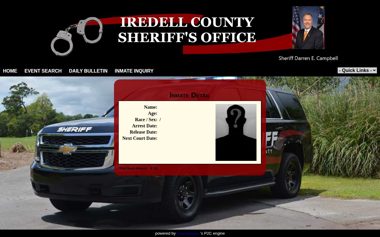 Neutral Iredell P2C inmate detail interface with labeled fields and image area