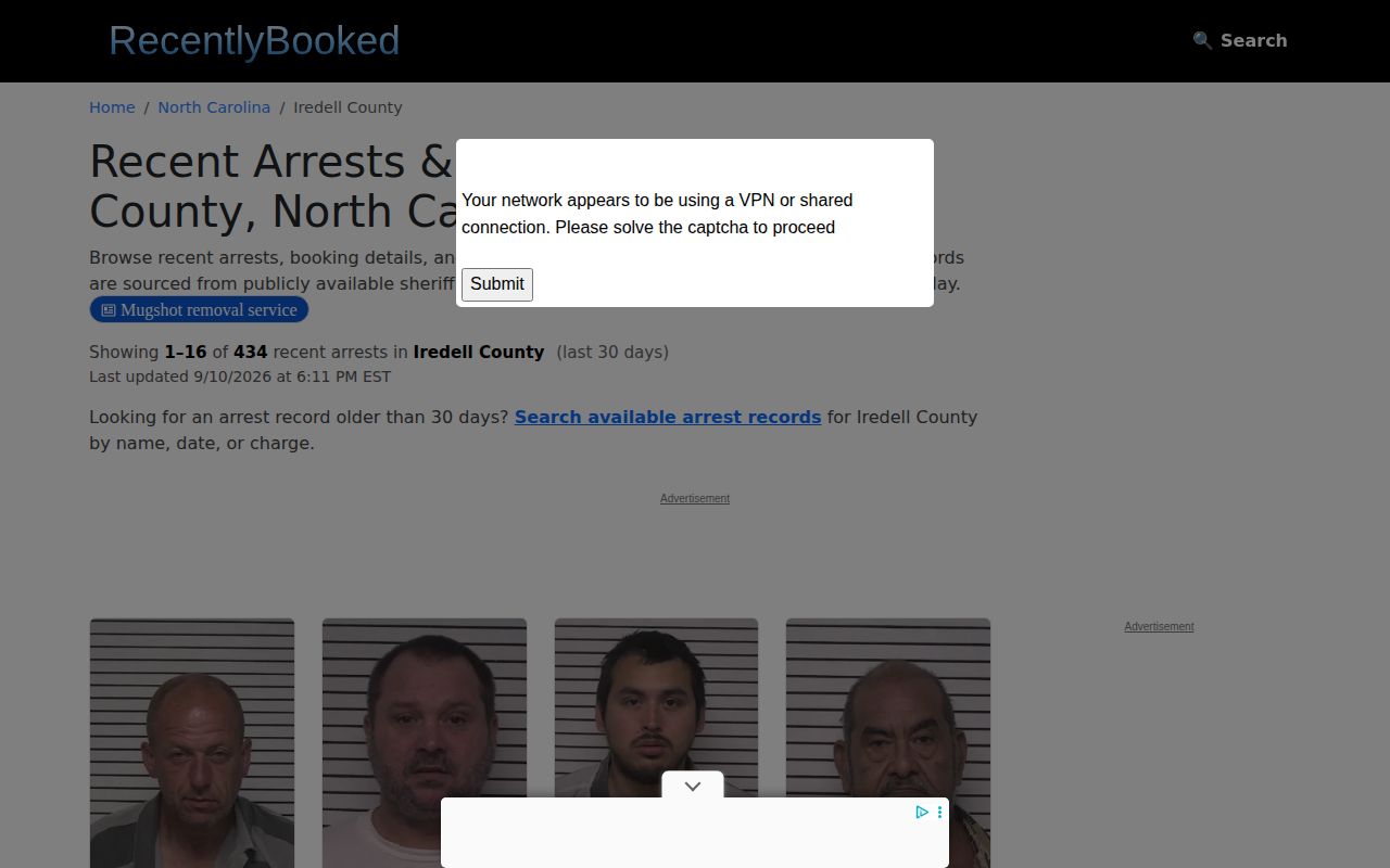 Unofficial Iredell recent-booking page showing past-30-days and pagination context