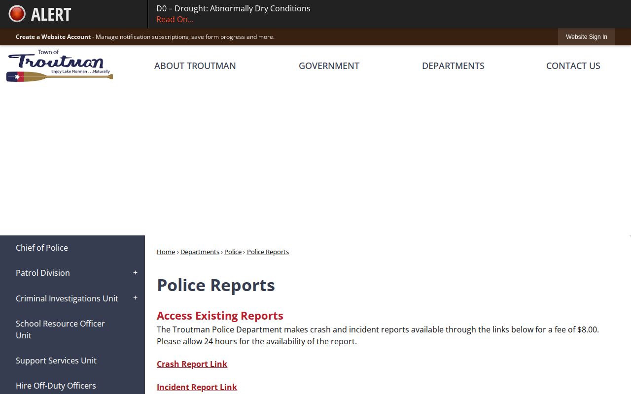 Troutman Police recent arrest and incident report access page