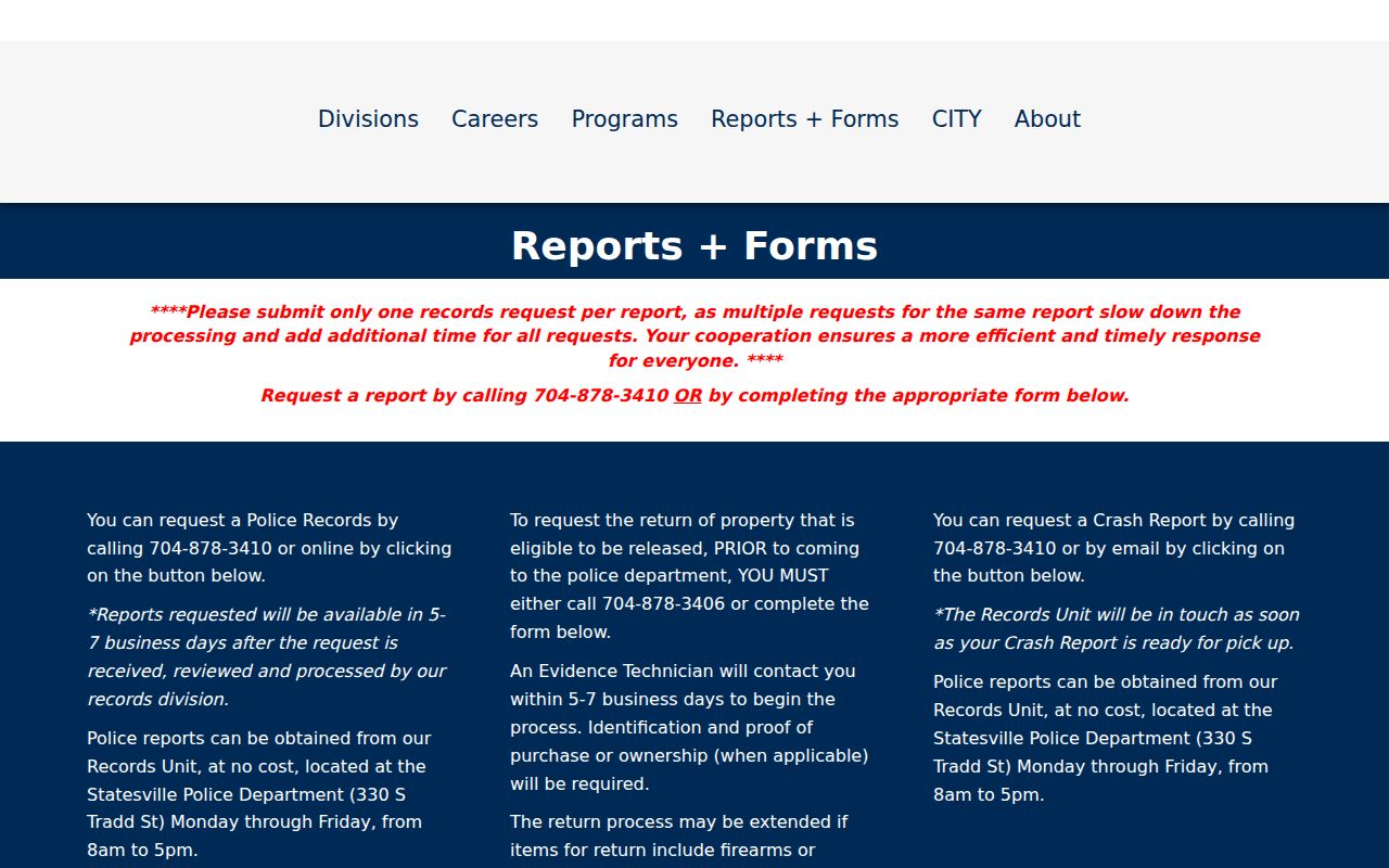 Statesville Police recent arrest report request and records contact page