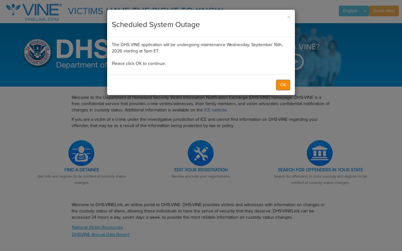 Separate DHS VINE search and registration interface